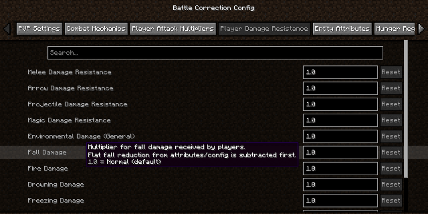 Config screen, Player Damage Resistance tab