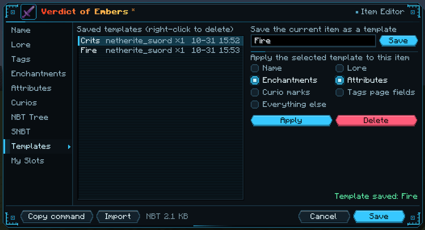 Item editor, Templates page