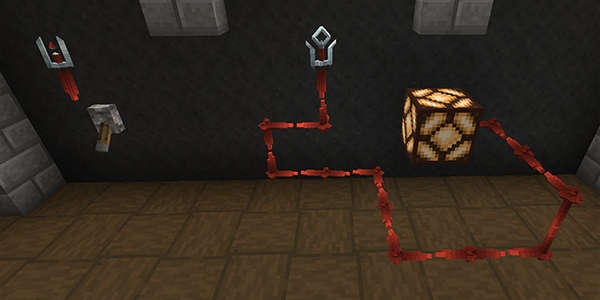 a strange device that resembles a tuning fork attached to a red crystal hovers over a lever. to the right, a second tuning fork-like device (this one with a ring attached) is attached to a long string of red crystals hovering in midair, eventually powering a redstone lamp.