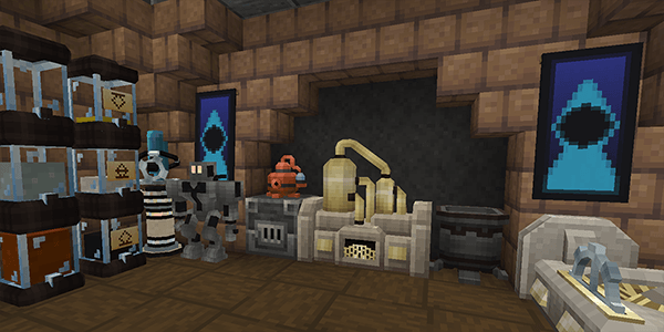 a small lab contains an alembic, a more advanced alembic made of electrum and tan stone, and a third device slightly offscreen with a large cogwheel. A stone construct stands ready to sort materia from the devices into nearby vessels.
