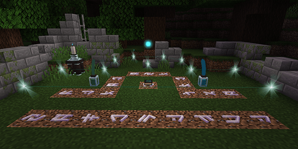 a ritual shaped like the symbol for the astrological sign Libra is on the ground in a ruined fortress. everything is lit up and colorful substances are being pulled out from two nearby jars.