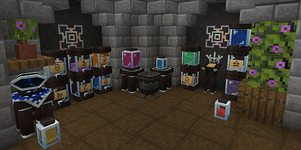 a wizardly nook with several jars filled with colorful substances. some of the jars have labels that show a symbol.