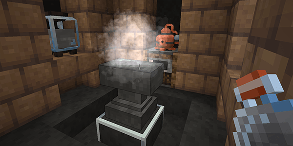 the player is using a bottle of metal-colored substance on an anvil. there is a cloud of grey smoke emanating from the anvil.