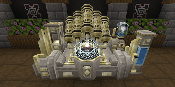 an enormous device with five giant tanks and a magic circle in the center sits in the middle of a room. there are four smaller, elementally-associated devices plugged into its corners.