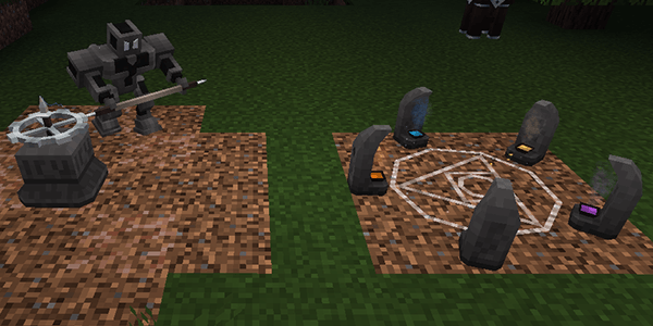 a construct pushes a rotary device to generate power. to the right, pools set around a chalk-drawn magic circle release colorful gas as a mote is being crafted.