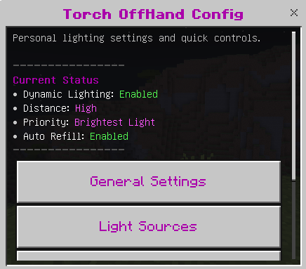 Torch Offhand V4 configuration menu