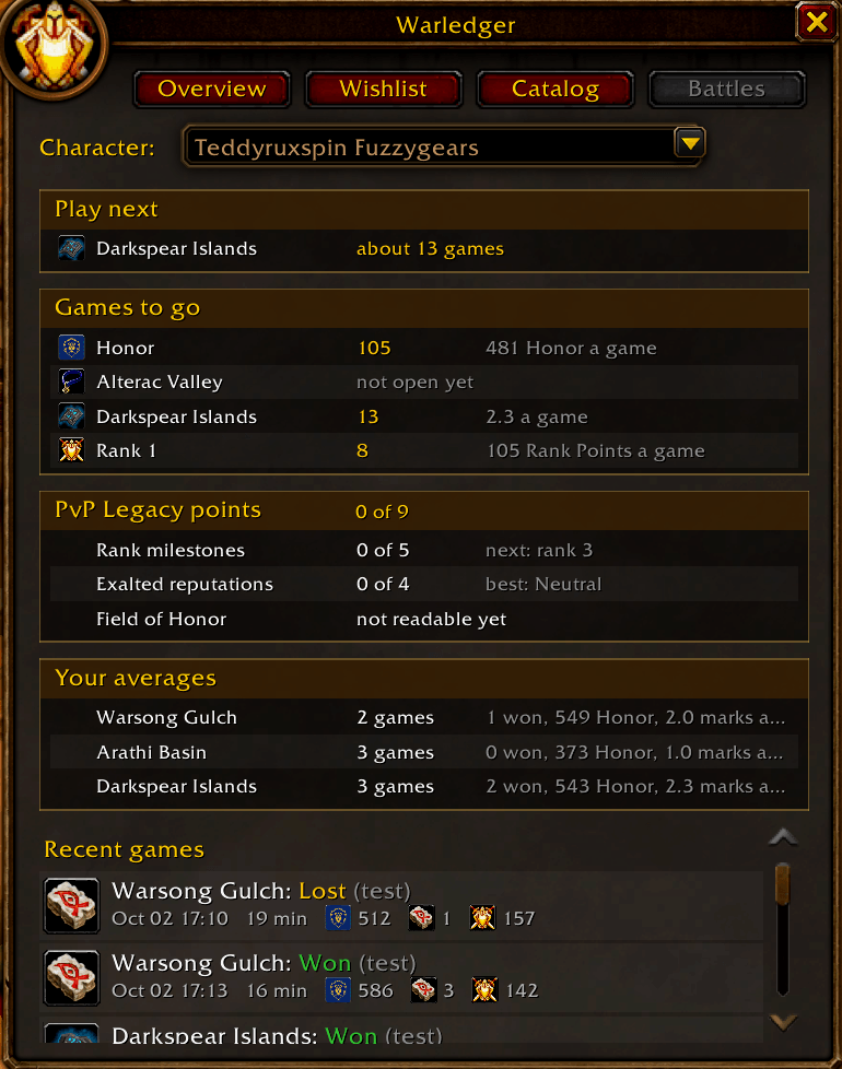 Warledger Battles tab showing the Play next suggestion, games needed for Honor and marks, averages per battleground, and recent games.