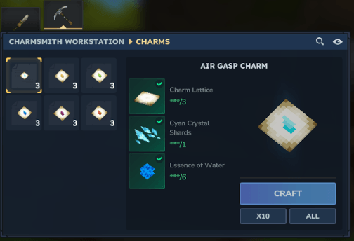 Crafting screen for charms