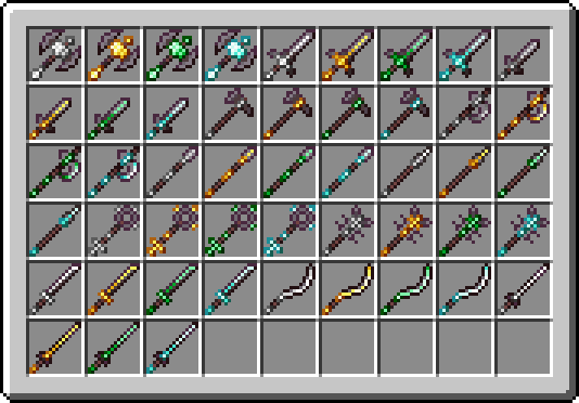 An image of Netherite-Iron, Netherite-Gold, Netherite-Emerald, and Netherite-Diamond variants of all the weapons added by Medieval Weapons