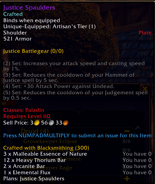 TierLedger item tooltip in WoW Forever listing the materials to craft a tier piece and how many you have