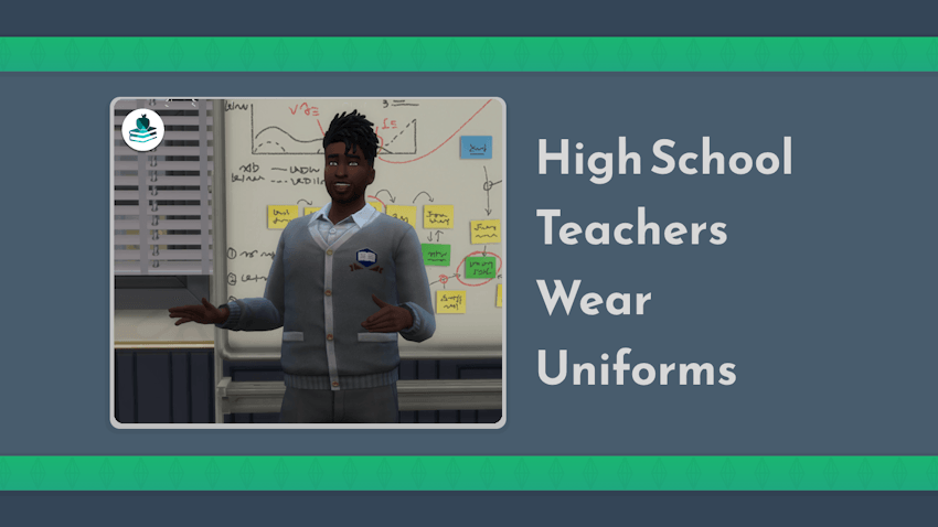 A sim teacher wearing a Copperdale uniform teaches a class