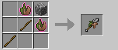 Image of stone mossthorn crafting recipee, it requires 1 cobblestone on top right corner slot, a stick on the middle and bottom left slots and living moss item around the cobblestone, top middle and center right slots