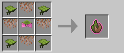 Image of living Moss crafting recipe alternative 2 of 2, it requires 4 big dripleaf, one at each corner, 4 hanging roots, one between each big dripleaf and a spore blossom at the center