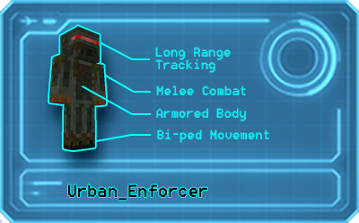 A holographic display of the Enforcer Bot with details