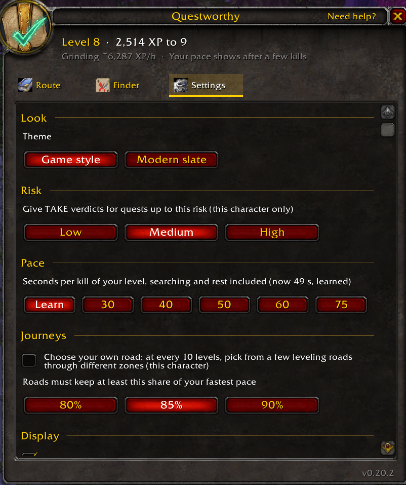 Questworthy Settings tab showing the per character risk setting set to Medium, with the look and route options.