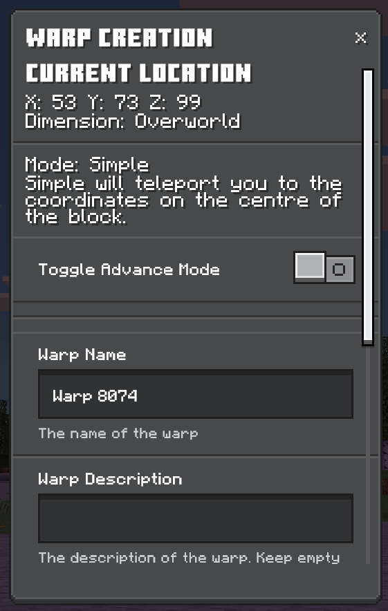 Warp Creation Menu