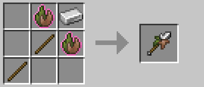 Image of iron mossthorn crafting recipee, it requires 1 iron ingot on top right corner slot, a stick on the middle and bottom left slots and living moss item around the iron ingot, top middle and center right slots