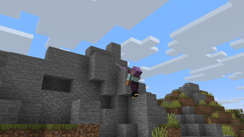 A player using Grappling to climb a stone cliff