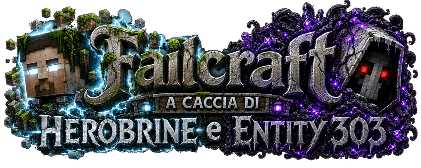 A dark Minecraft-inspired banner featuring Herobrine and Entity 303, split between blue lightning and purple corruption, with the metallic “Failcraft” logo at the center