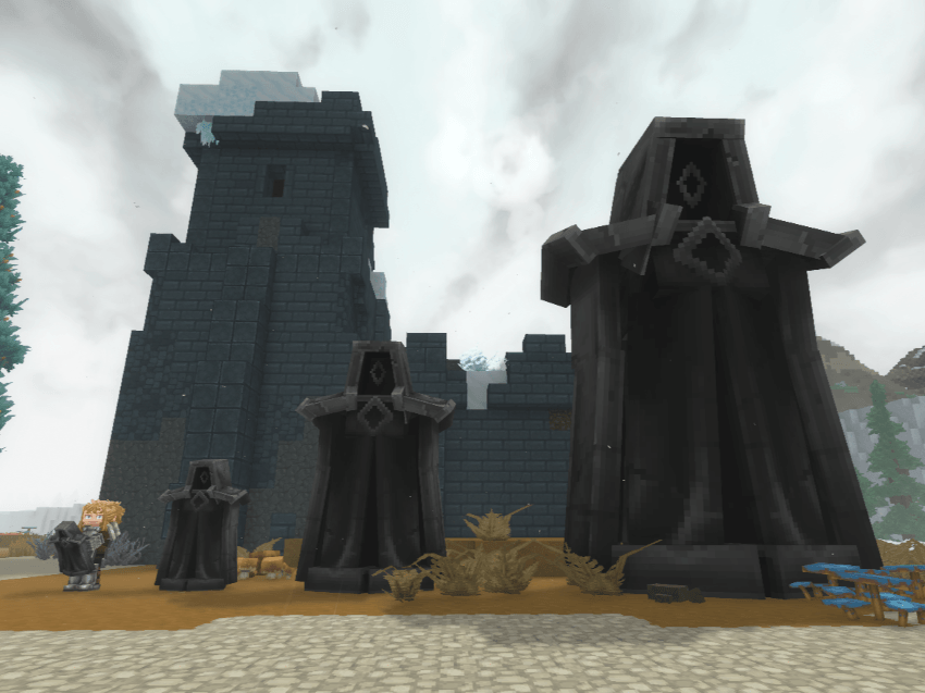 Showcase of decorative statues alongside player model for scale