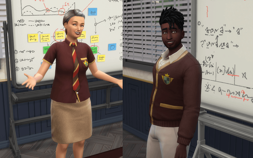A male and female sim teacher wear the brown uniform with green emblem.