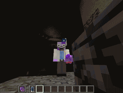 gif of meatsmall in minecraft with a ulina fez on holding a holding in his offhand. he drinks a ulina soda and looks to the left at a bomb on the ground