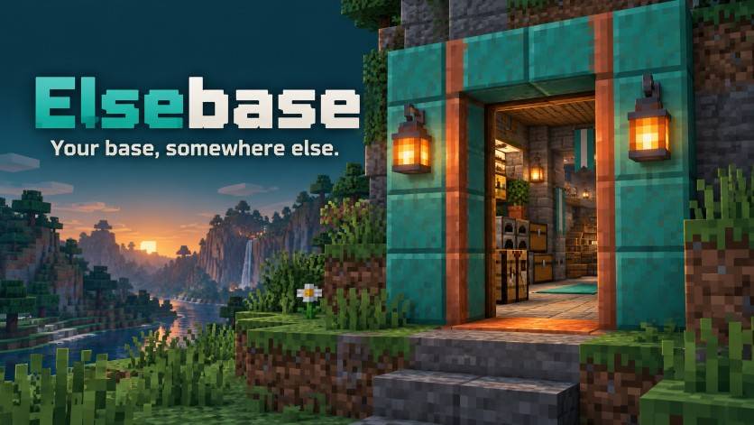 Elsebase promotional illustration: a doorway opens from a voxel landscape into a welcoming workspace.