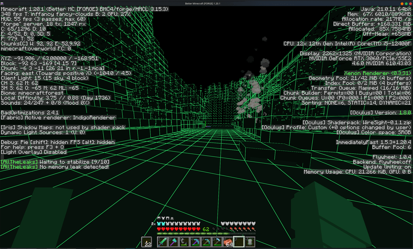 WireSight rendering a Minecraft world as green wireframe geometry