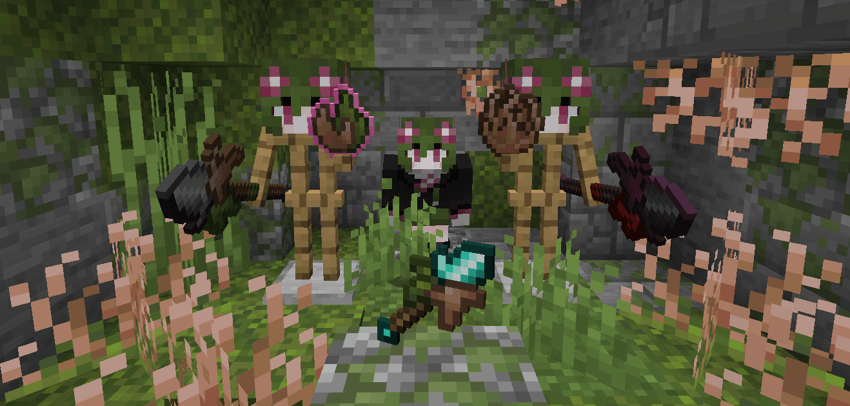 Weapons of the wild mod welcome image. A player stands between two armor stands holding modded weapons and items.
