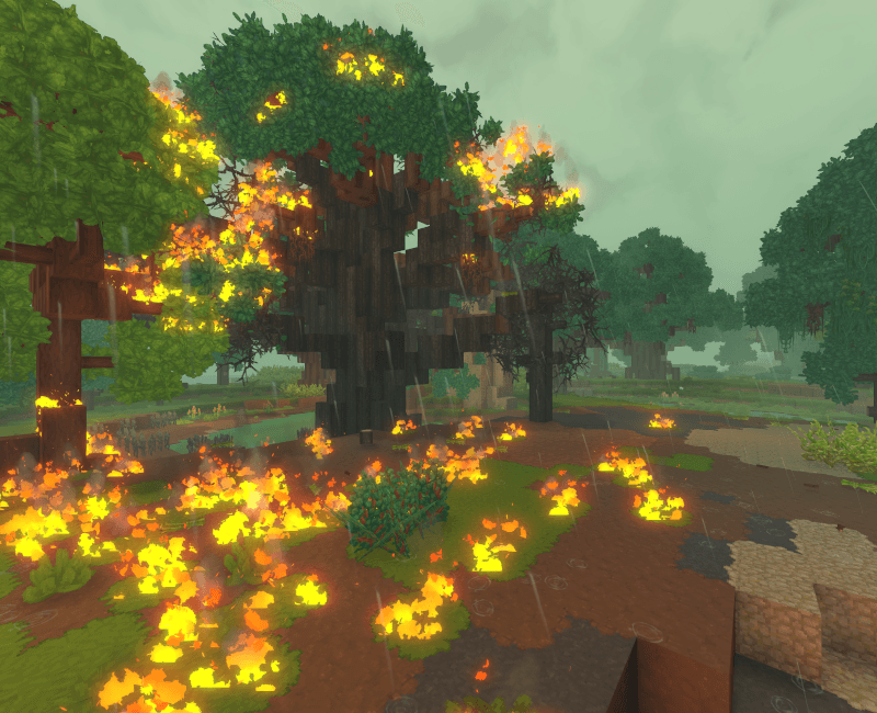 A screenshot of a swamp tree and surrounding bushes burning down.