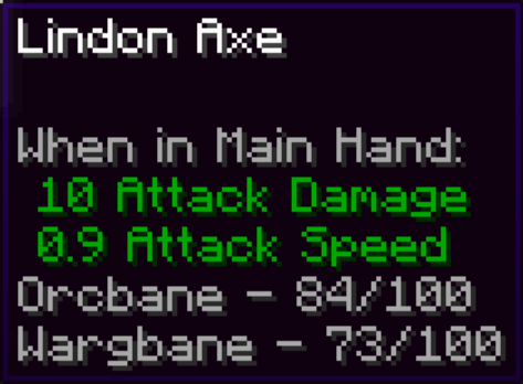 Screenshot showing the tooltips of a lindon axe with a 84/100 orc kills and 73/100 warg kills.