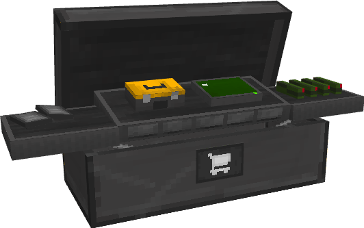 A grey box containing multiple mechanical pieces and supplies, modelled after the Buy Station from Call of Duty: Warzone