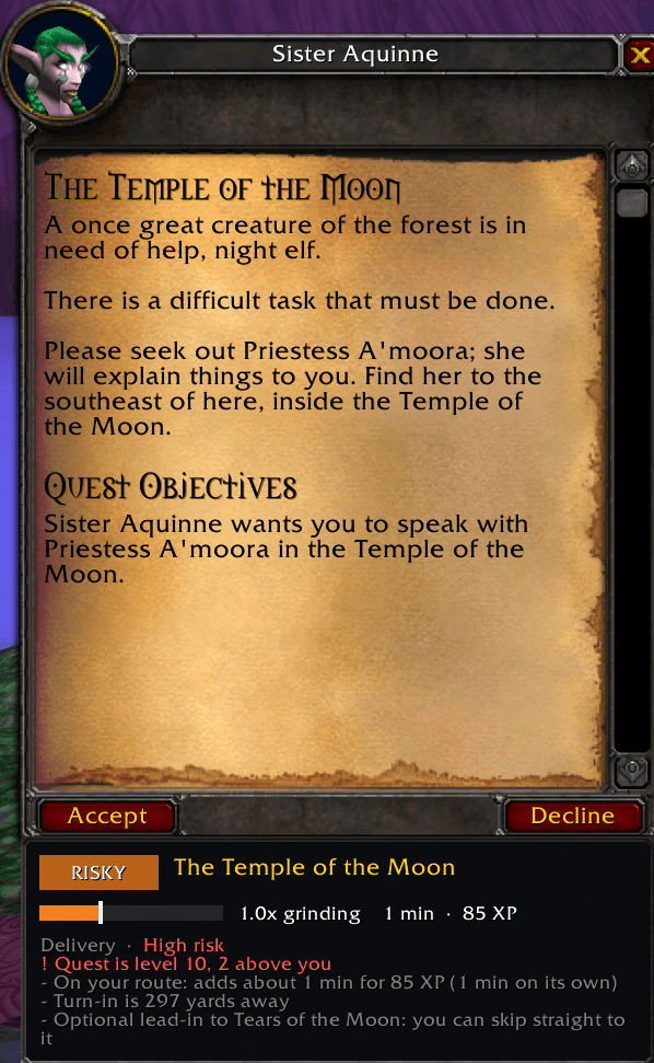 Questworthy verdict box under the WoW Classic quest window, showing a TAKE verdict with minutes, XP, risk and the reasons.