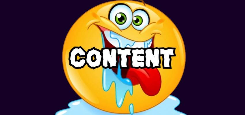 Super Slopcraft 'Content' divider banner. Atop a dark purple background, a yellow emoji face with its mouth open, tongue extended, and drooling profusely with a pleased expression with the text 'CONTENT' overlayed.