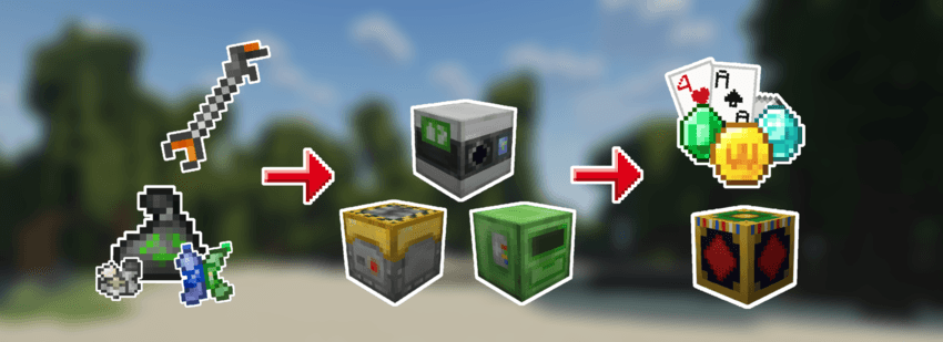 Wasted mod progression: a Trash Grabber and scrap → recycling machines → coins, gems, and a casino table.
