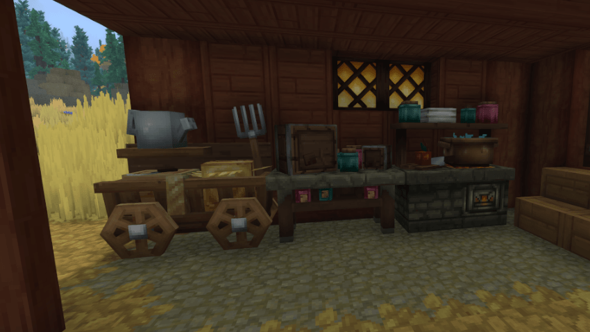 Fermentation Station placed in and outdoor build next to a Farming Workbench and Chef's Stove.