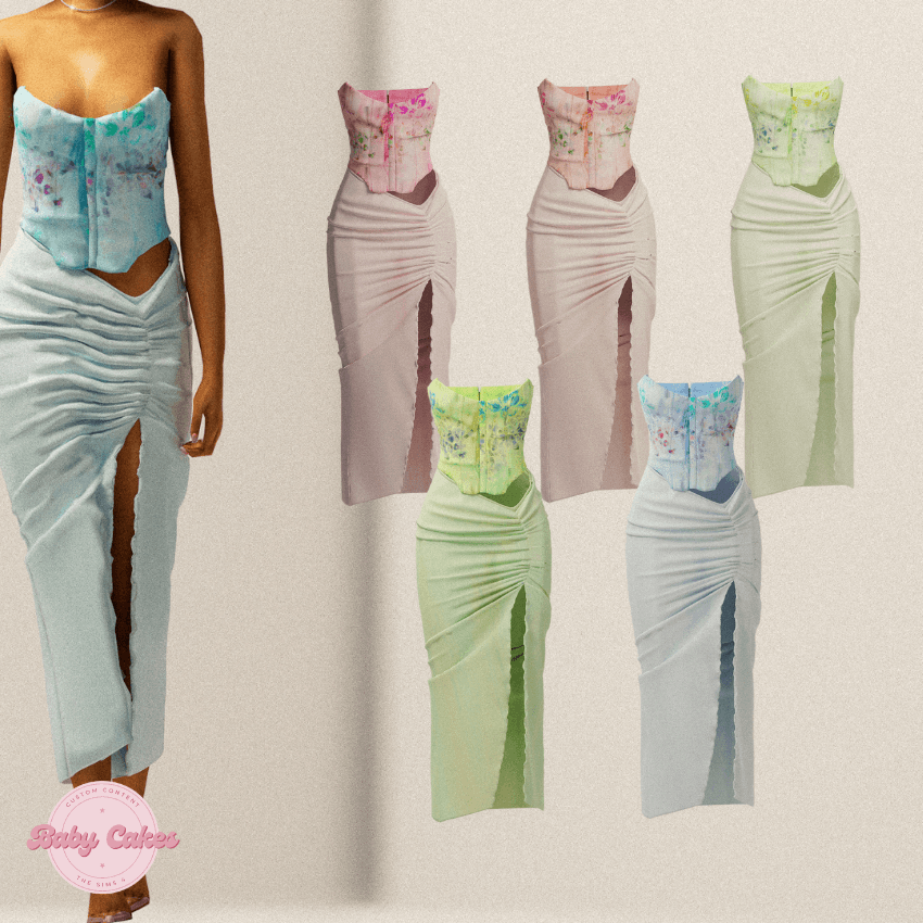 A detailed page showcasing the different swatches of Baby Cakes' corset dress set