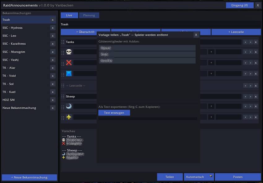 Share dialog with the list of guild members running the addon and the text export