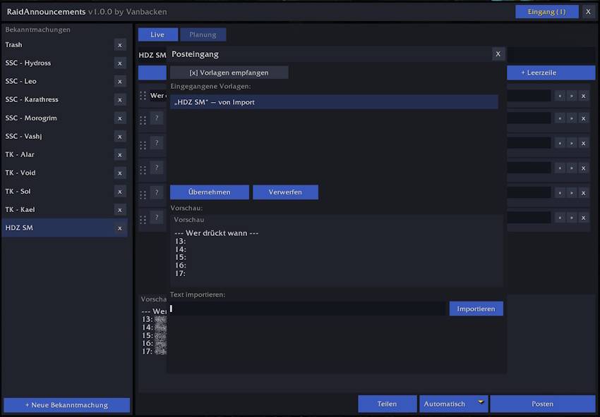 Inbox with a received template, its preview, and the Adopt and Discard buttons