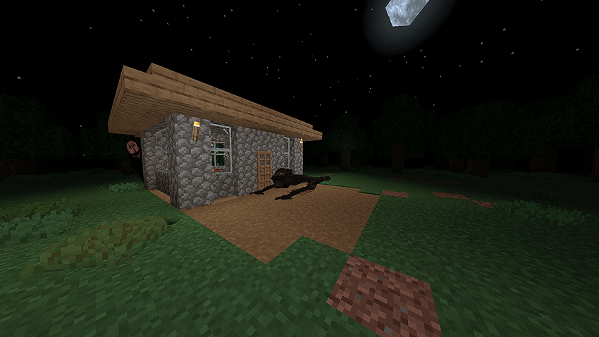 A creepy house with an unknown creature nearby in a dark forest.