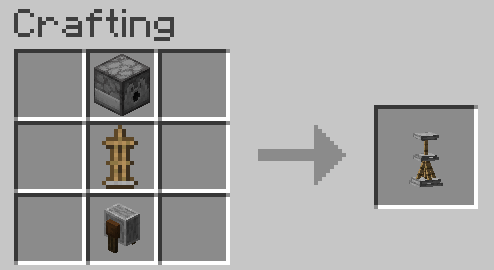 A crafting grid with a Dispenser on the top row, an Armor Stand in the slot below it, and a Grindstone in the slot below that. An Auto Turret is in the output slot.