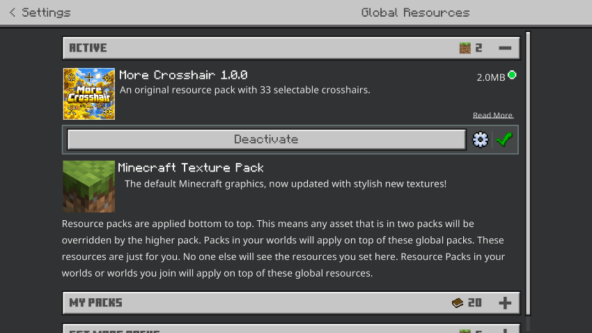 More Crosshair | 33 Custom Crosshairs — Minecraft Bedrock texture pack, screenshot 1