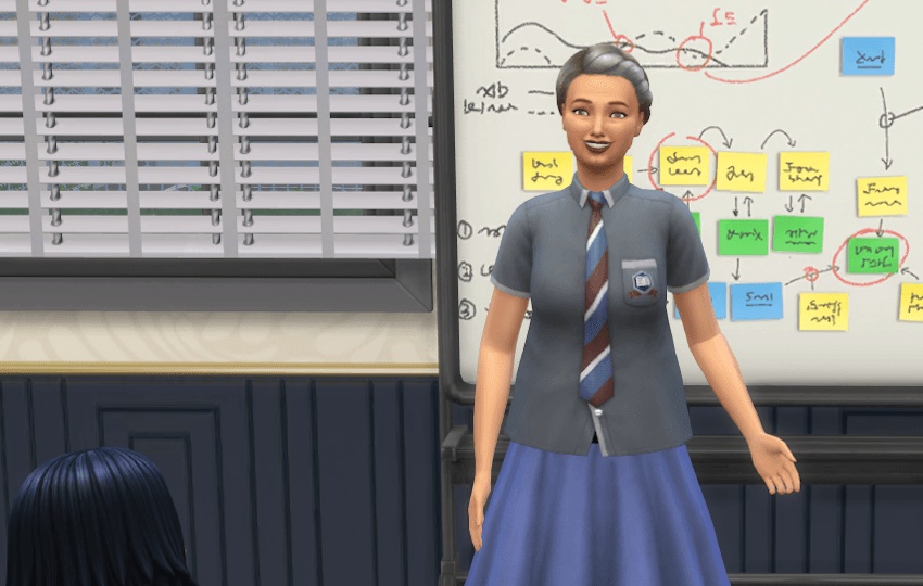 A female sim teacher wears a uniform with a skirt while teaching.
