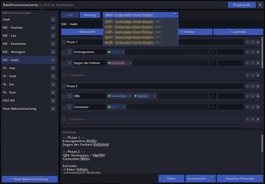 Planungsmodus mit dem Raid-Dropdown aus Forga's Guild Calendar und dem Button Vorschau (Planung)