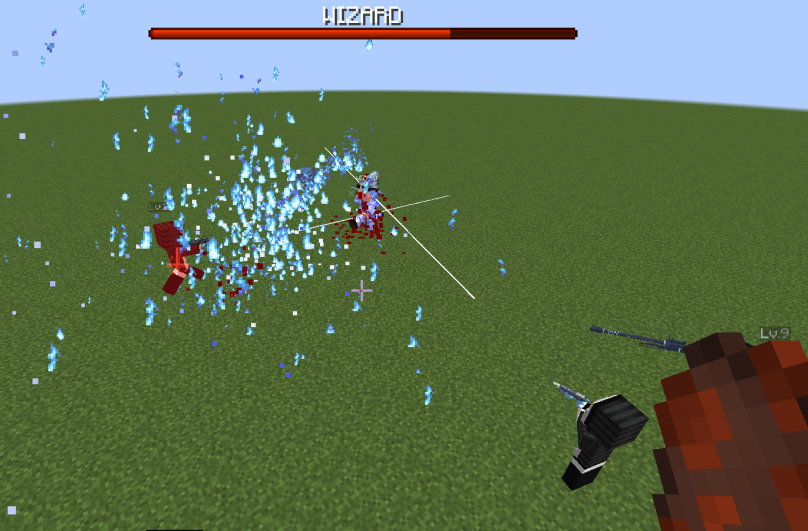 Simple Enemies firing TaCZ guns at the boss Simple Enemy "WIZARD," who wields Iron's Spells magic.