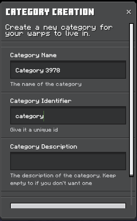 Category Creation Menu