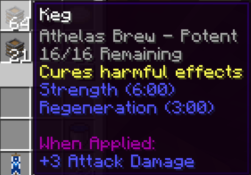 Screenshot showing the tooltips of a keg with 16/16 potent athelas brew inside.