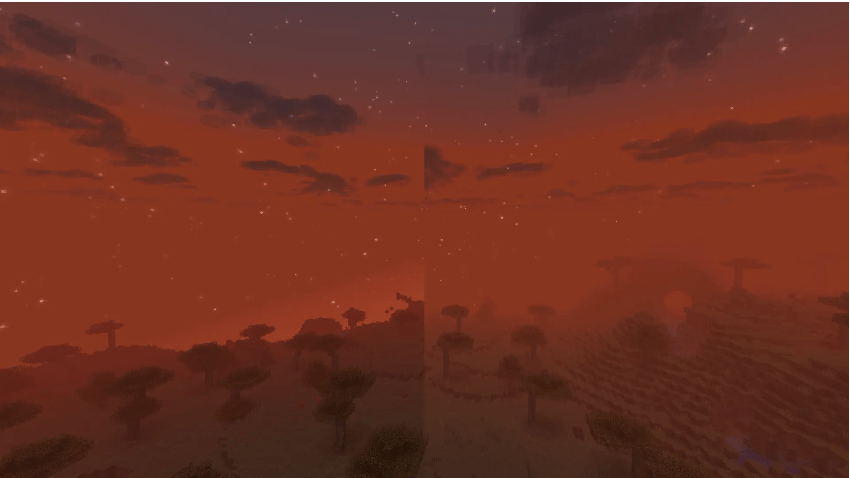 A split image comparing how the mod looks while on and off.