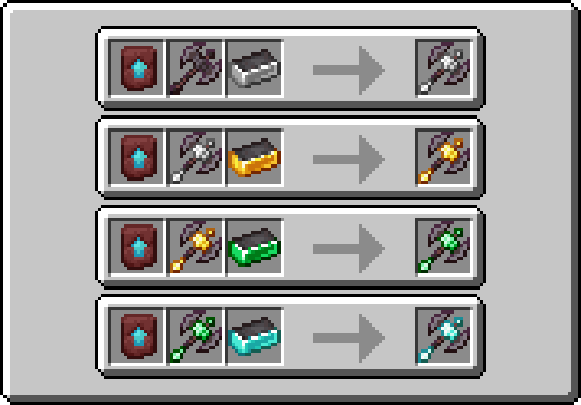 An image of the smithing recipes for the Netherite-Iron Battle Axe, Netherite-Gold Battle Axe, Netherite-Emerald Battle Axe, and the Netherite-Diamond Battle Axe