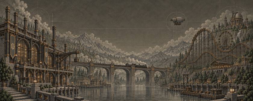 Rising Gears — an industrial world of workshops, flying machines, and roller coasters